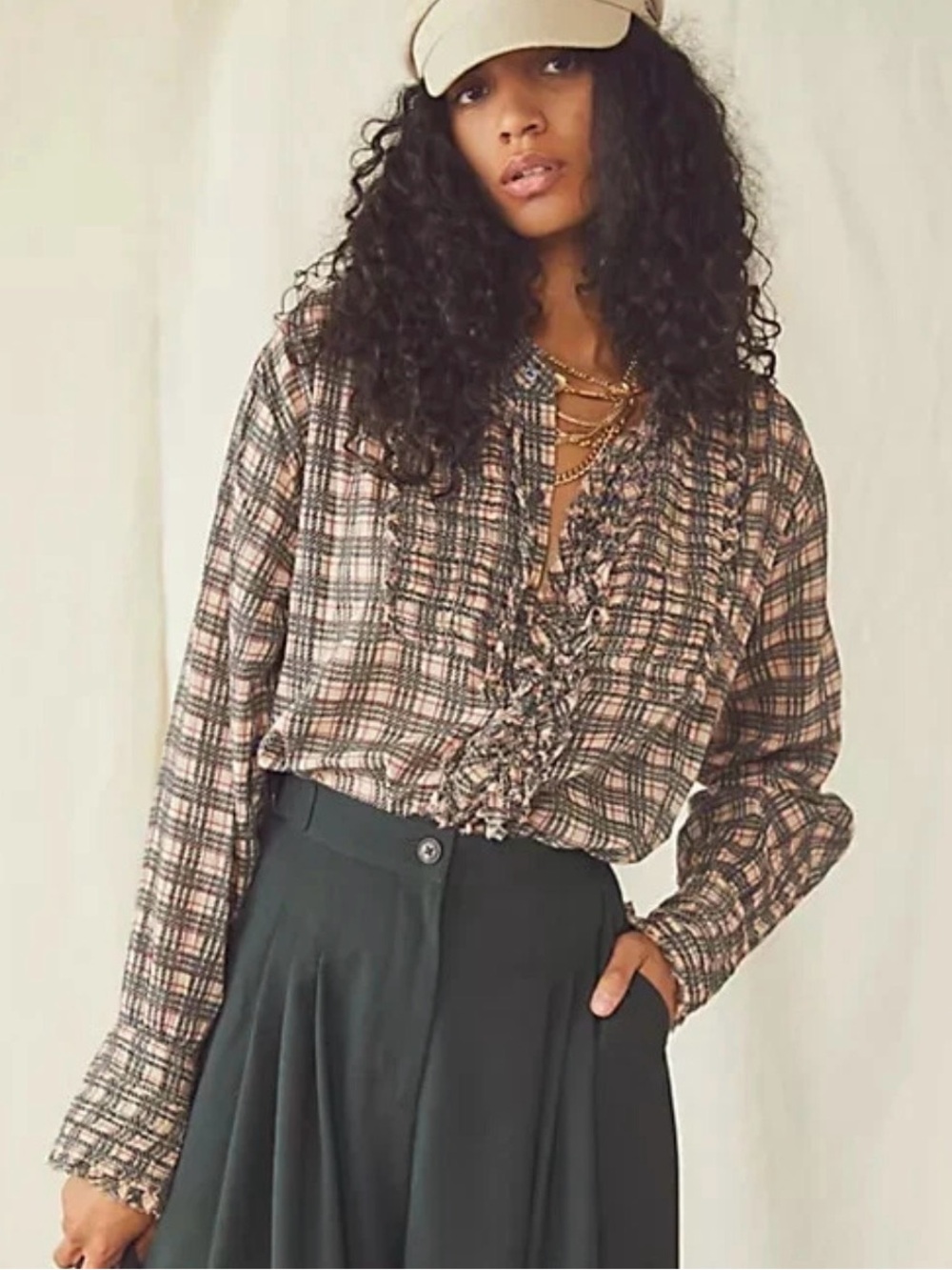 Free People FP One Plaid Miles Tuxedo Shirt Blouse Pink Black XS Boho